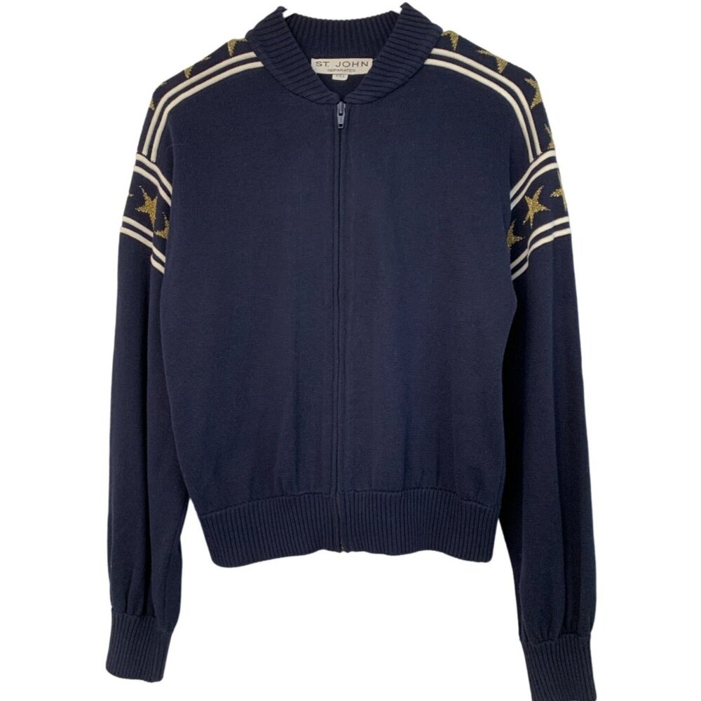 St. John Separates Womens Navy Gold Star Zip Cardigan Jacket Size P EUC 7848